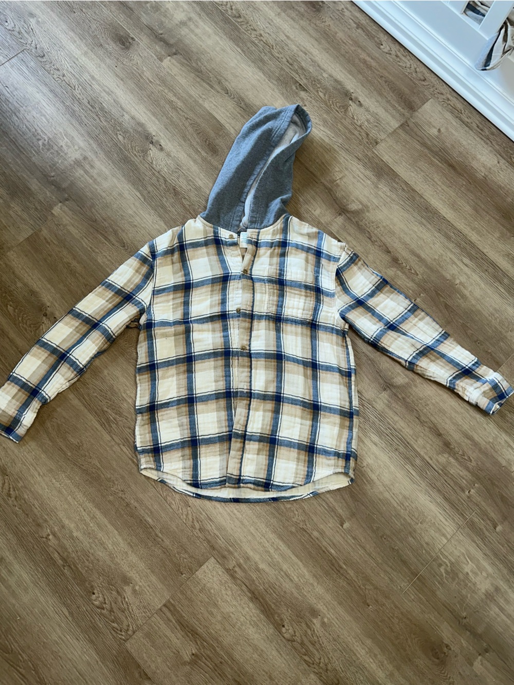 Plaid Hooded Button-Up Shirt Jacket - Beige, Blue, White